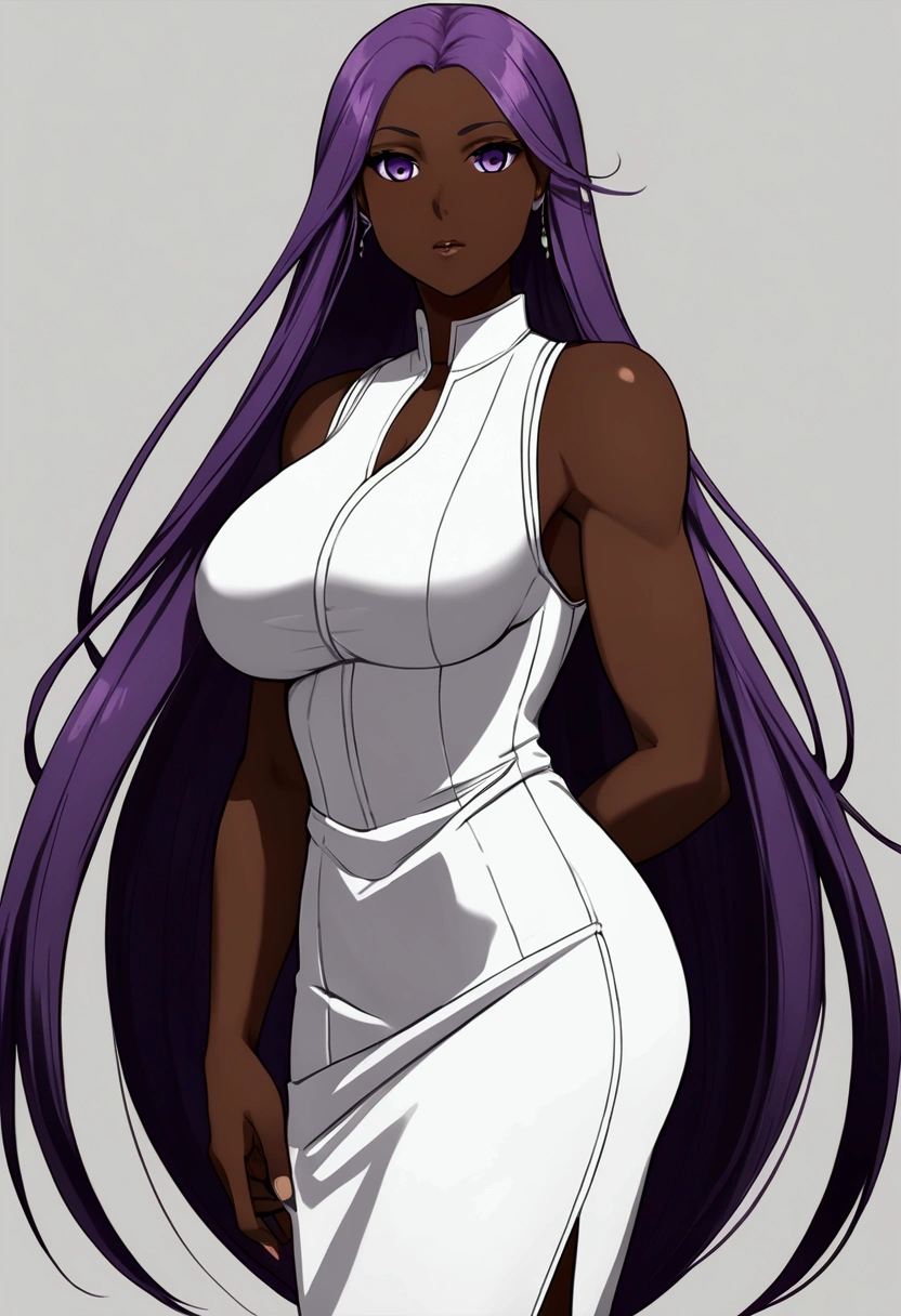 (Women1),(a woman alone),(thin body),(slender body),(structured body),(young mature and large body),(huge bust of breasts),(Long purple hair and long purple eyes),(Dark skin color:1.5),(Big ass),(height 1.68),(sexy body),(mature body),(big and mature and sexual breasts),(wearing),+,(A white sleeveless, collarless blouse showing the shoulders and a short, tight, sexual pencil skirt)