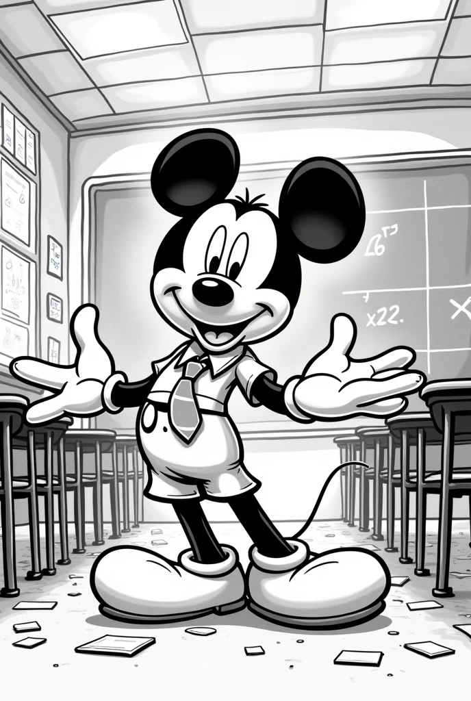 Black and white classic Mickey in the classroom as a math teacher cartoon style 
