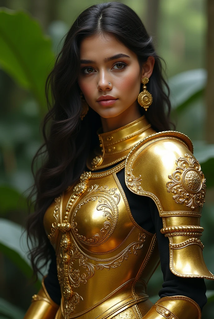 Face of indian woman, fair skin, a masterpiece ultra realistic ultra detailed portrait of a beautiful girl in incredible golden armor, baroque renaissance. in forest, medium shot, intricate, elegant, highly detailed. trending on artstation, digital art, by stanley artgerm lau, wlop, rossdraws, james jean, andrei riabovitchev, marc simonetti, yoshitaka amano. background by james jean and gustav klimt, light by julie bell, 4 k, porcelain skin, wearing a golden armor