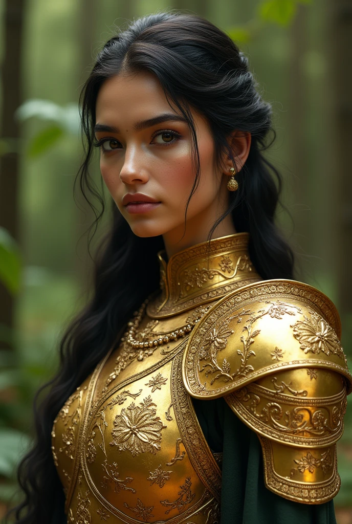Face of indian woman, fair skin, a masterpiece ultra realistic ultra detailed portrait of a beautiful girl in incredible golden armor, baroque renaissance. in forest, medium shot, intricate, elegant, highly detailed. trending on artstation, digital art, by stanley artgerm lau, wlop, rossdraws, james jean, andrei riabovitchev, marc simonetti, yoshitaka amano. background by james jean and gustav klimt, light by julie bell, 4 k, porcelain skin, wearing a golden armor