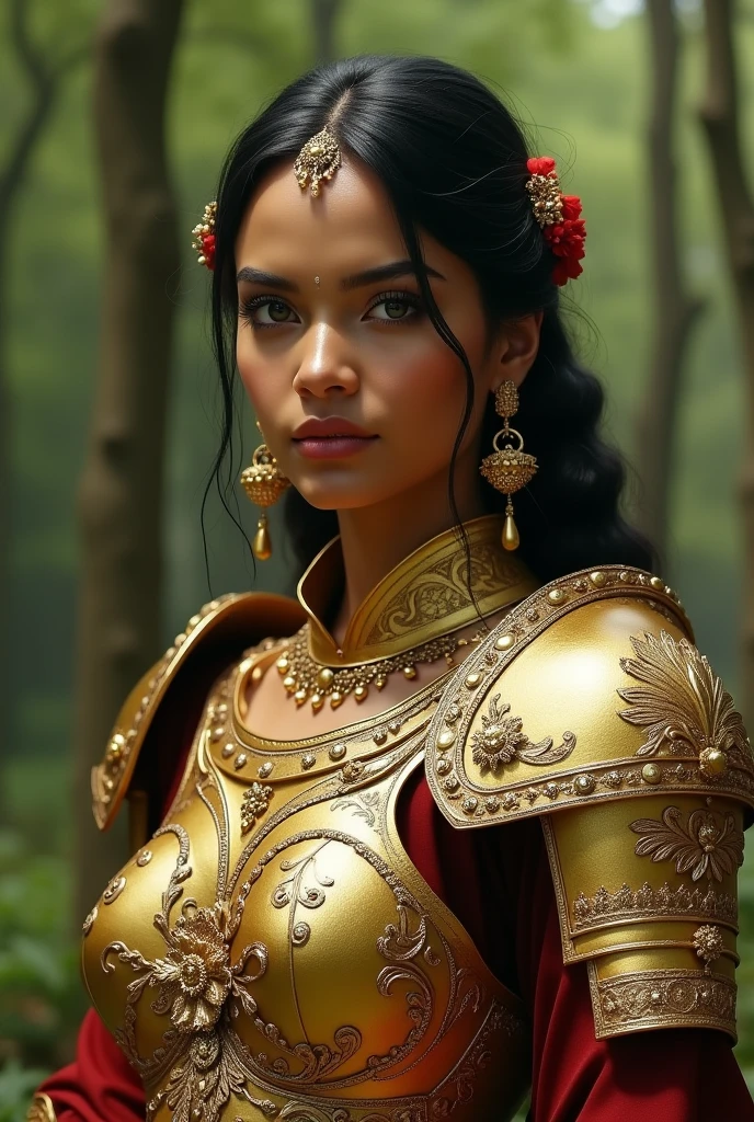 Face of indian woman, fair skin, a masterpiece ultra realistic ultra detailed portrait of a beautiful girl in incredible golden armor, baroque renaissance. in forest, medium shot, intricate, elegant, highly detailed. trending on artstation, digital art, by stanley artgerm lau, wlop, rossdraws, james jean, andrei riabovitchev, marc simonetti, yoshitaka amano. background by james jean and gustav klimt, light by julie bell, 4 k, porcelain skin, wearing a golden armor