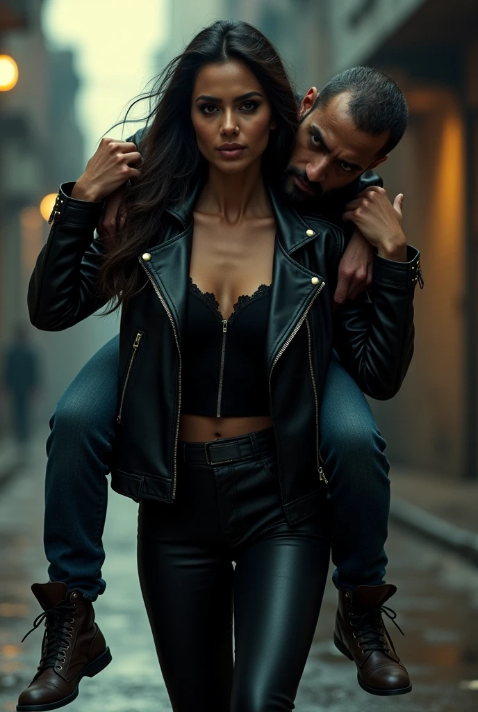 a tall and beautiful Indian actress in black leather jacket is carrying a large man on her shoulders
