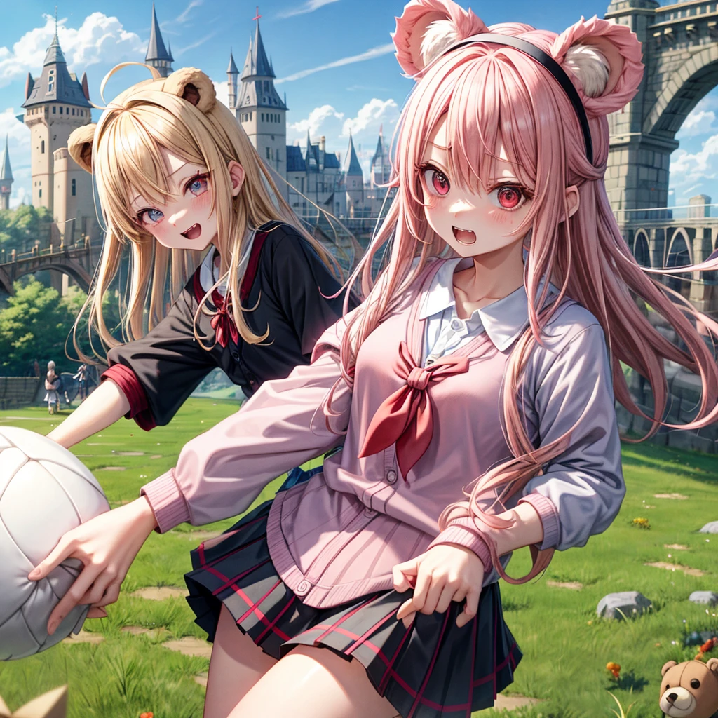 Pink Blonde、Red eyes、Hair tied up、Two cute、Checked mini skirt、black t-shirts、cardigan、Knee-high socks、bear ears baseball cap、Teeth are visible、Monster Castle、Tilting face、crossing the bridge、hazakura、windmill、grass、Stones are growing out of the ground.、impregnable