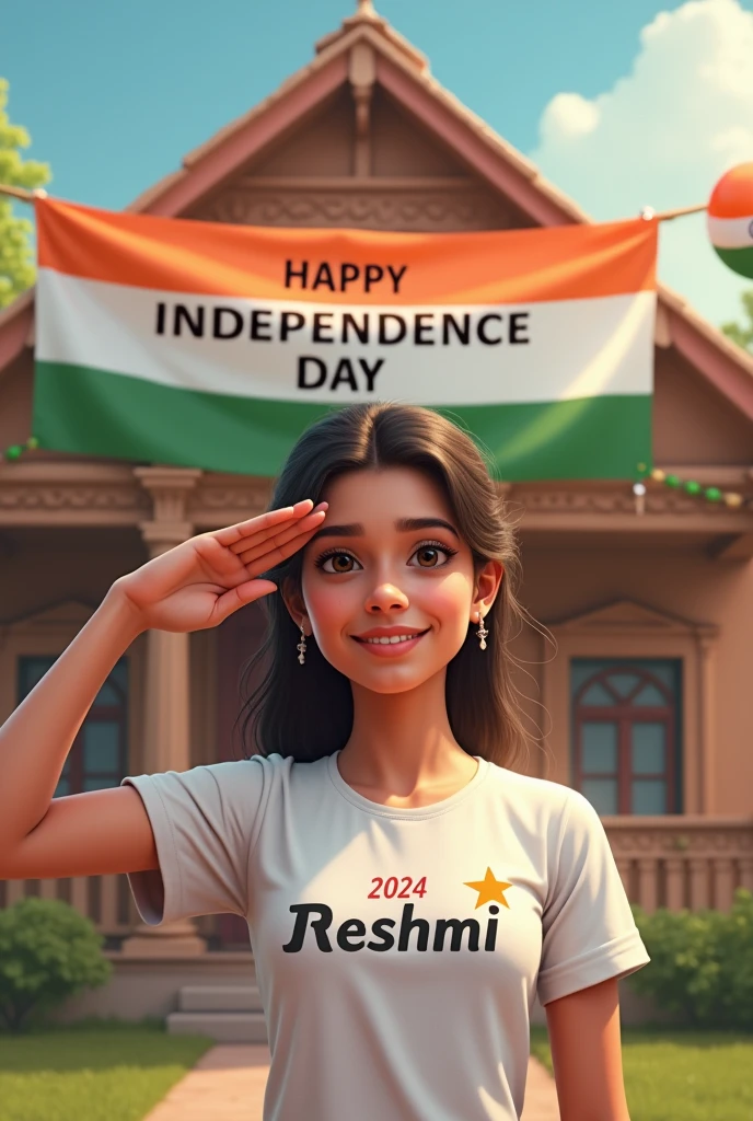 A real  girl , wearing a white "Reshmi" T-shirt stands in front of a house decorated with Indian flags and tricolor balloons, saluting for an upcoming Independence Day celebration. The house has a large banner that reads "HAPPY INDEPENDENCE DAY 2024 and make sure text should be correct.