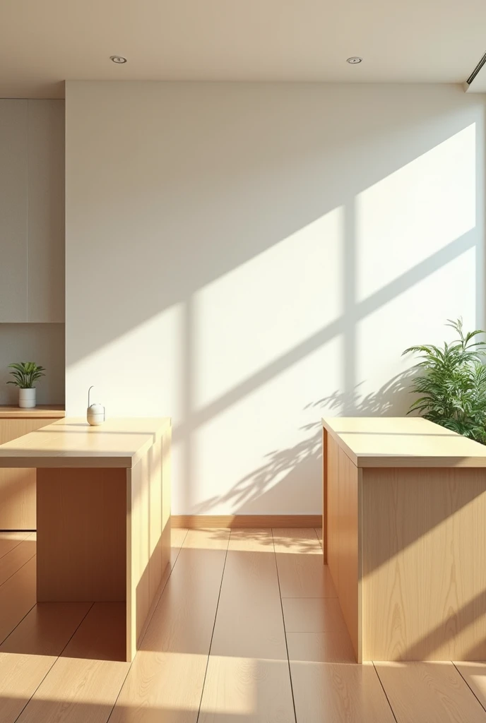 Could you provide me with images of a modern kitchen?, with wooden floor, only two tables in parallel, light-colored melamine furniture with a transparent door between the side area of one side of the tables.
