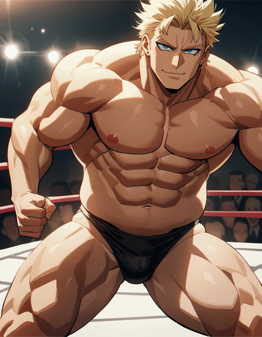 1guy, solid dude, gallant beau, blonde, tsurime, sanpaku, blue eyes, spiked hair, 24yo, heavy weight muscular, handsome wrestler, stocky waist, BREAK ideal ratio body proportions, sharp eyes, beautiful detailed eyes, toned body, elder chinpira, dark pupil, masculine playboy, builtfat, tough caucasian, muscular plump, BREAK solo, topless, black wrestling bikini, nipples, abs, fighting stance, on wrestling ring, detailed background, hollywood action, provocative smile, BREAK upperlegs focus, dramatic expression, 1990s, in capcom art style, in color comic style, in game illustration style, depth of field, dutch angle, cinematic shadows, cinematic lighting, lens flare, light leaks, VHS Quality, texture, absurdres absolutely resolution, extreme all detailed, greatest painting, BREAK masterpiece, best quality, BREAK score_9, score_8_up, score_7_up, source_anime, rating_safe, score_6_up, score_5_up, score_4_up