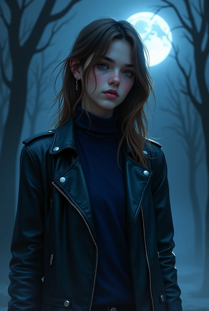 Young Brazilian human with an alternative grunge style, wearing normal clothes, fascinated by Greek mythology and supernatural creatures., deep connection with the dark forces of the night, A horror RPG, mystery and investigation set in modern times, the basic image, occultist, medium-long fringe hair, light brown hair color, very fair skin, at night with the moon, wearing a navy blue long sleeve turtleneck shirt, leather jacket, outgoing, Art cardboard, mysterious, 耳环, Paranormal order Cellbit