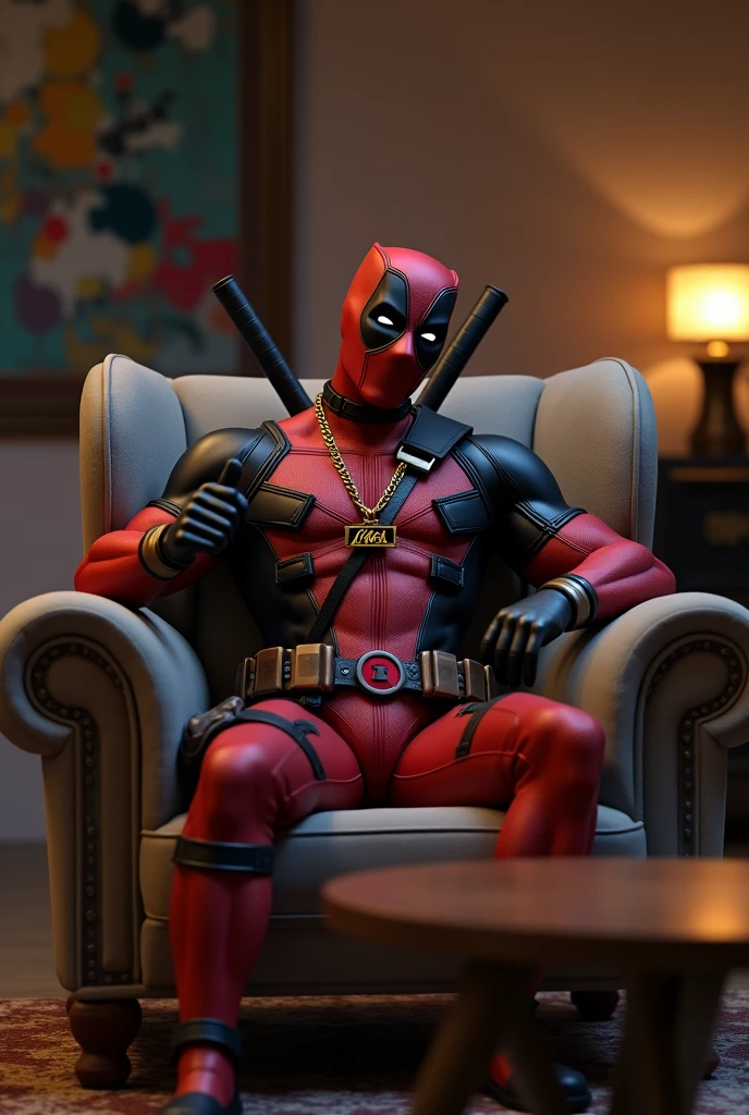 Generate a high-quality 3D photo of Deadpool sitting in an armchair with a gun in his hand and a table in front of him, wearing a gold chain around his neck with 'Rael' written in the middle of the chain and 'Rael' written behind Deadpool.