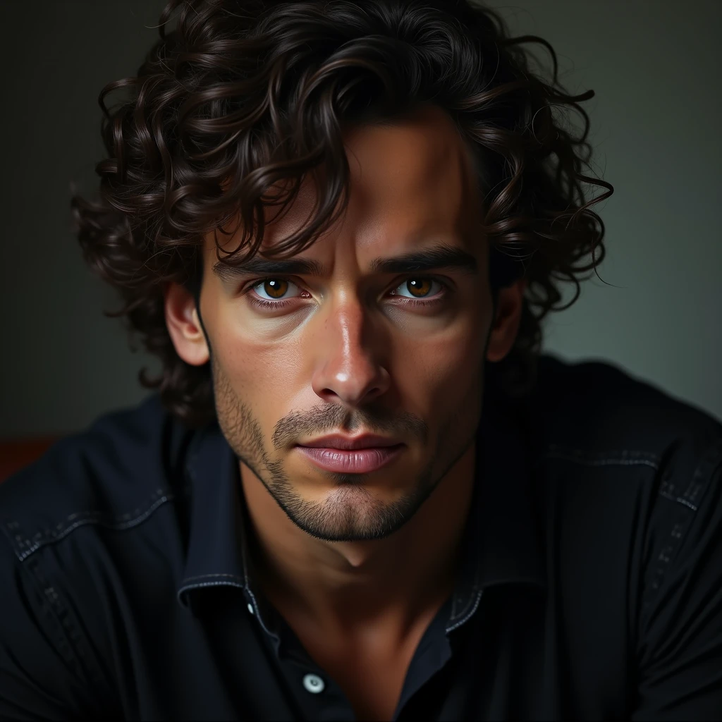 a man with curly dark brown hair, detailed facial features, beautiful eyes, detailed nose and lips, portrait, fine art oil painting, hyperrealistic, 8k, high resolution, intricate details, dramatic lighting, chiaroscuro, moody, cinematic