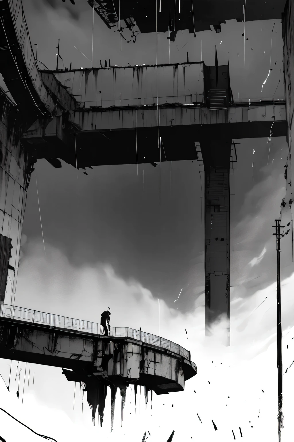 Side view of an imposing giant bridge of brutalist stone going across an imense of darkness, faint rain, black and white, dark background