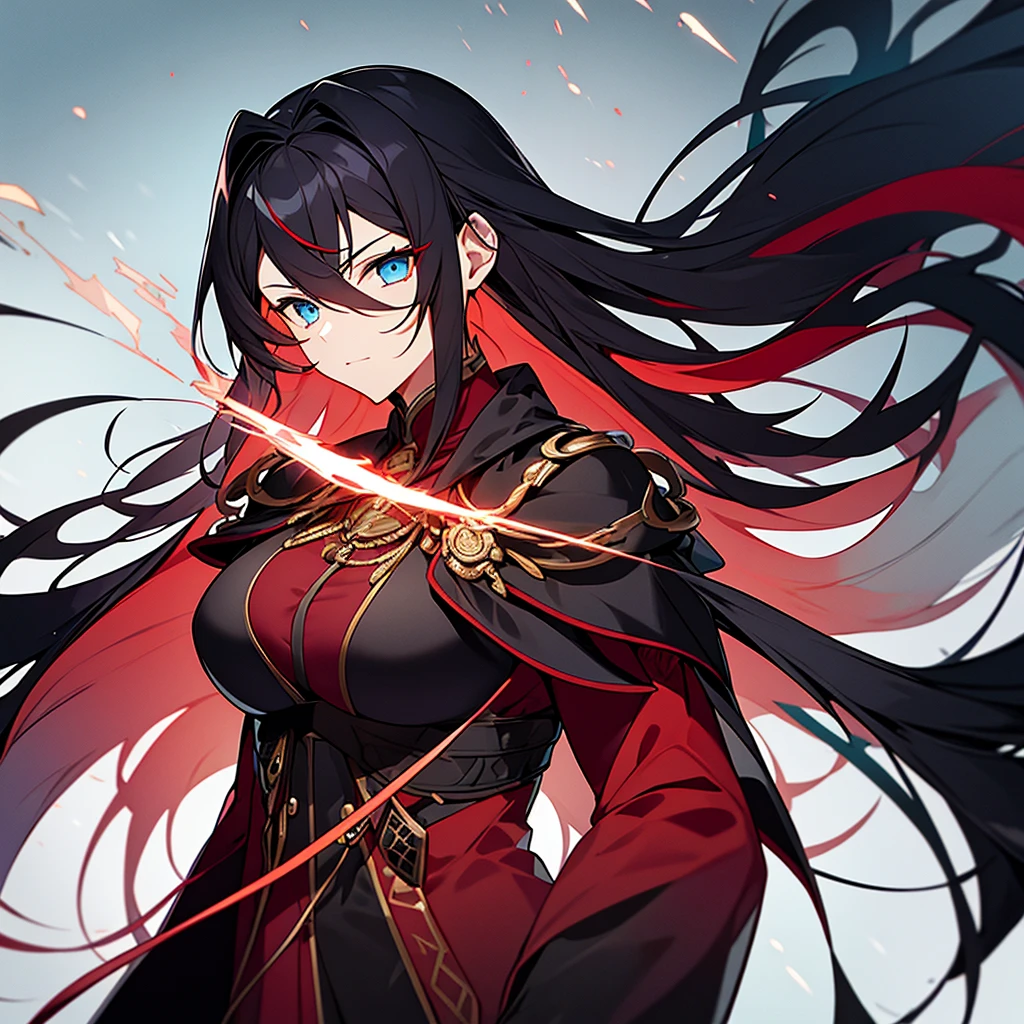 woman,He wears a black leather suit with red patterns.,He has blue hair like the sea.,golden eyes,Still face,On his head is a mask with red patterns.,In his hand is a long sword with red patterns and lightning surrounding the entire sword.,He has a large cloak on his back.