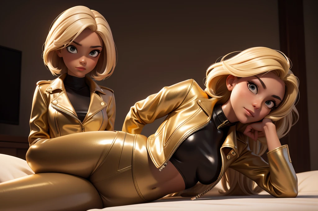 obra prima, melhor qualidade, ((only one woman,)) ((elizabeth pipko, dark tan skin, blonde bob hair,)) erect cone tits, ((wearing shiny gold leather biker moto jacket,)) ((jacket has padded shoulders, jacket has stiff high collar,)) (((wearing shiny gold leather pants,))) body is very skinny, ((laying down, resting on one hip,)) ((camera back of body view,)) shallow depth of field, highres, HD, 8k, anatomically correct