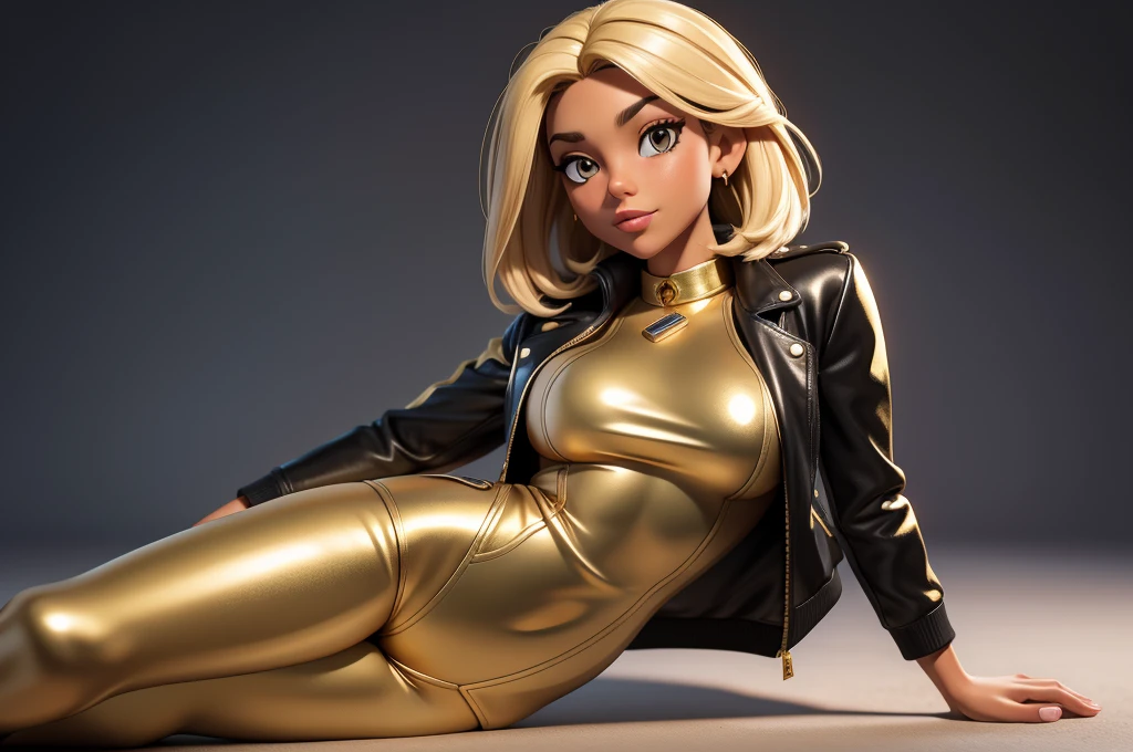 obra prima, melhor qualidade, ((only one woman,)) ((elizabeth pipko, dark tan skin, blonde bob hair,)) erect cone tits, ((wearing shiny gold leather biker moto jacket,)) ((jacket has padded shoulders, jacket has stiff high collar,)) (((wearing shiny gold leather pants,))) body is very skinny, ((laying down, resting on one hip,)) ((camera back of body view,)) shallow depth of field, highres, HD, 8k, anatomically correct