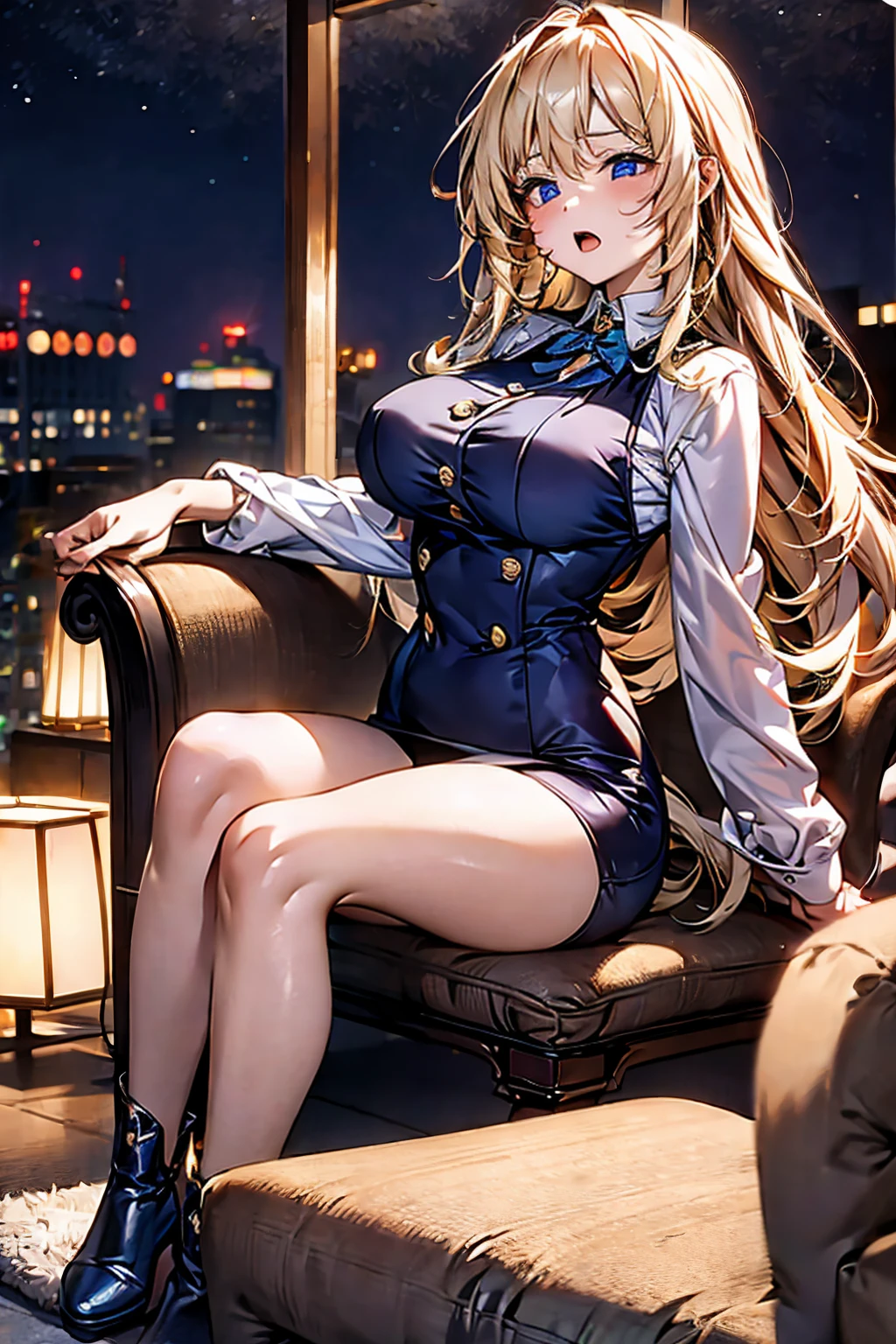 Browsing Caution,(Highest quality, 8k, masterpiece:1.3,beautiful girl), (Very detailed)Glowing Skin,(((Long Hair,blonde,Beautiful Hair))),(Perfect Anatomy, Anatomically correct, Very detailed肌),((Golden Eyes)),((Perfect Fingers,Five Fingers)), Baby Face, Mole under the eye, ((White collared shirt, Navy Blue Vest, dark blue micro mini pencil skirt), Mid Boots, (Beige coat, ),Double teeth,Big Breasts,Big Ass,Anxious face、night、Port town、front、concentrate、Arms crossed in front of you、Sit and cross your legs