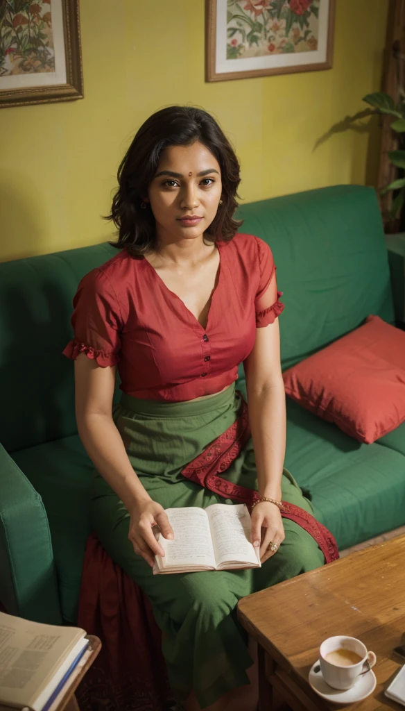 South Indian women, wearing green colour chiffon shiny skirt and red chiffon shirt