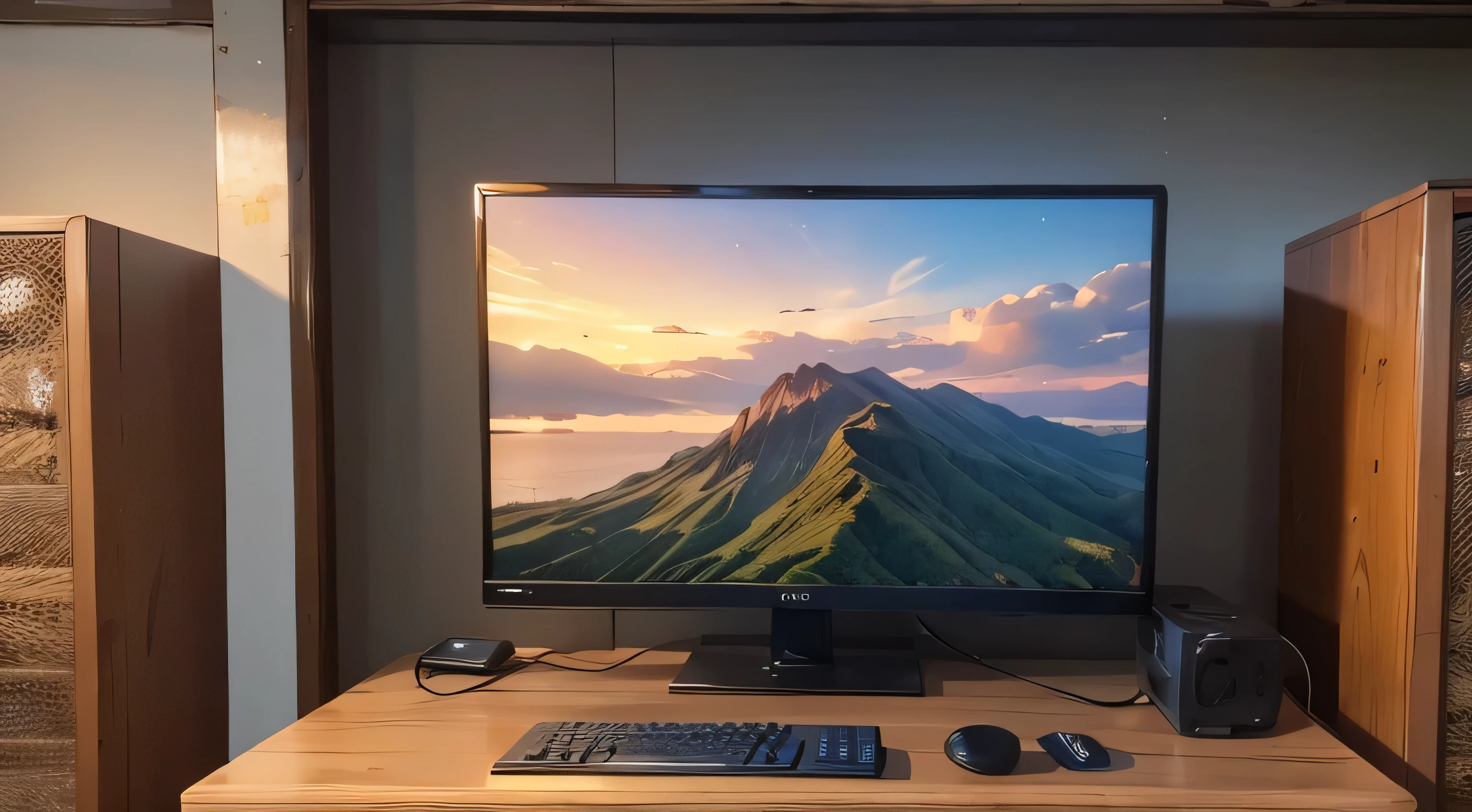 Large monitor、 The back wall is wood grain