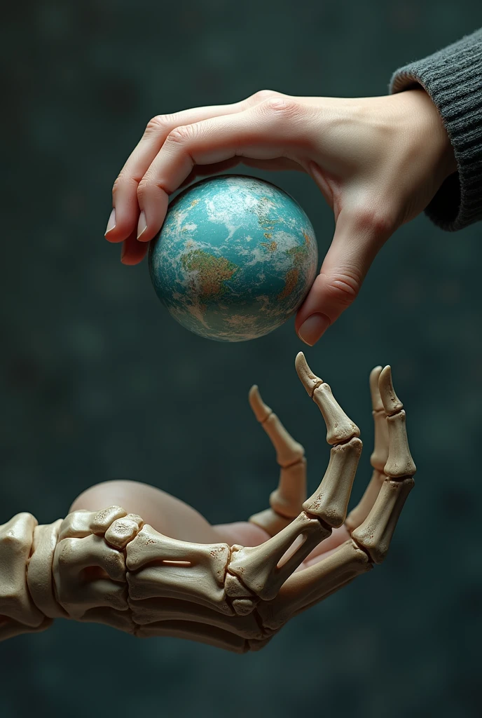 A normal hand facing another skeletal hand In a mirror one from above another from below places a planet between the hands