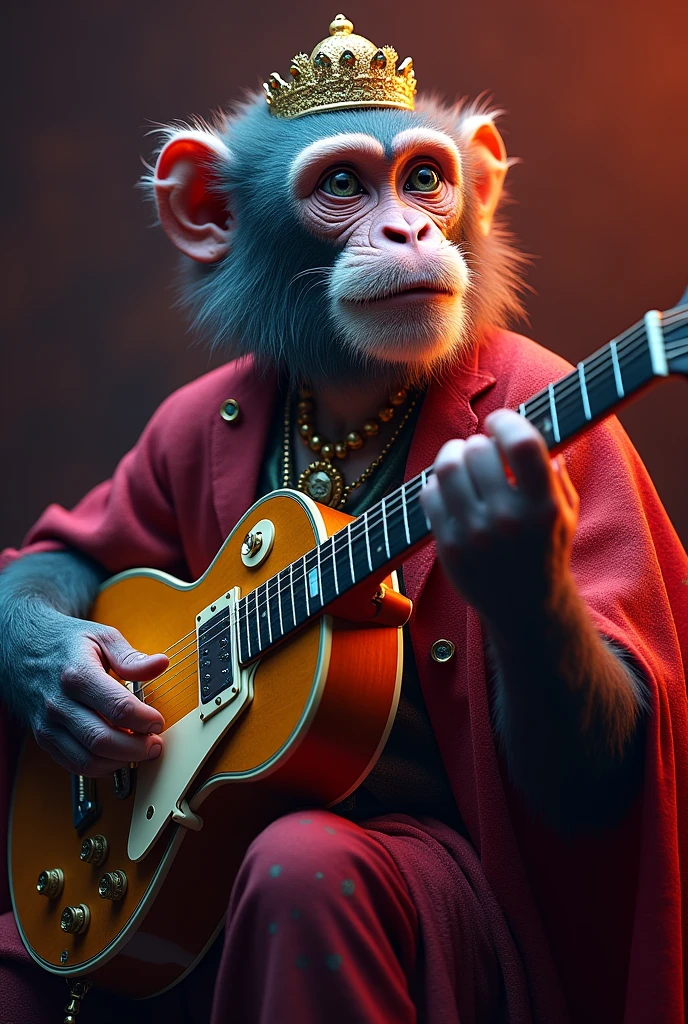 A monkey with a guitar in a portrait uses bright colors, it's a portrait , he ,The message I want to convey is that music exists , very royal style , 48 k colores brillantes regla dheos tercios cinematic acabados como en photoshop