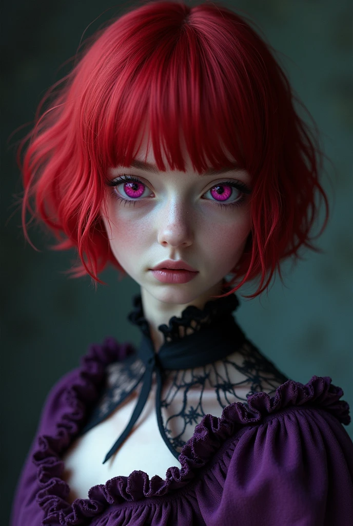 19-year-old girl with pale white skin, bright blood red short hair, With Nordic features
, pink eyes, cold and indifferent And boring, look, wearing a purple gothic short dress