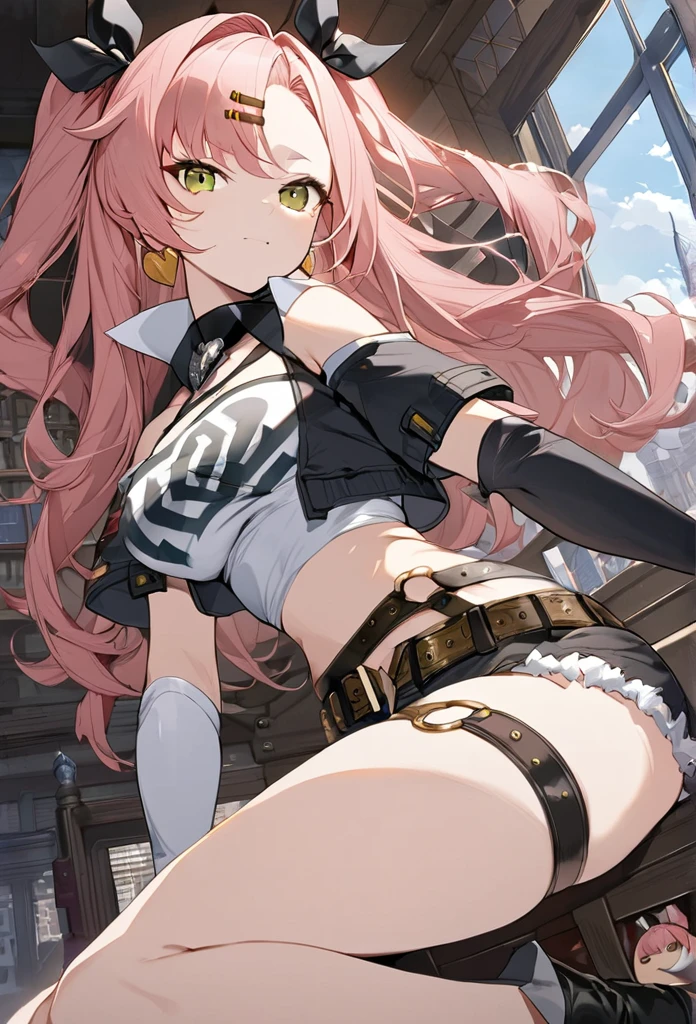 1girl, ,,nicole demara, tube top, single thighhigh, short shorts, cropped jacket, belt boots, hair ribbon, hairclip, earrings, single sock, high belt, thigh strap, detached sleeves, doll, black collar,((Anime illustration)) ((Incarnate detail)) ((Masterpiece)) ((Highest quality))