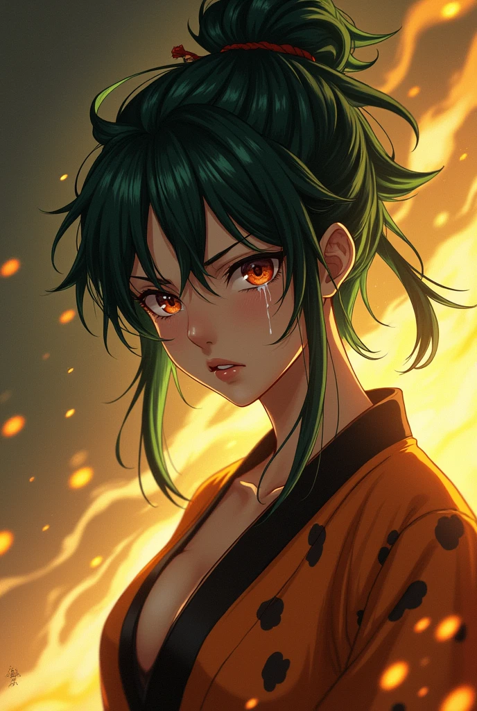Realistic, Extreme close up, Create an image of an intense character girl short hair, natural medium breast, a little cleavage, with spiky, green-black hair. Holding samurai, The character appears to be in a dramatic moment, with tears streaming down her face and a determined expression. She is wearing a traditional Japanese-style outfit with a distinctive orange and black pattern. The background is dark and dynamic, with sparks, yellow lighting, thunder and energy surrounding the character, enhancing the intense atmosphere