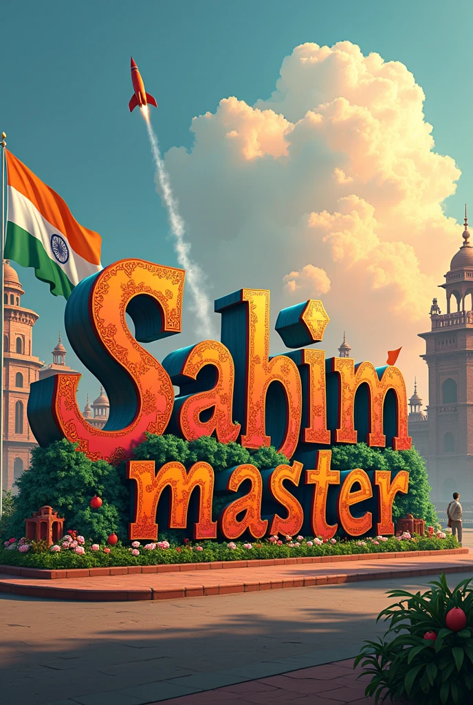 Create a large, stylized letter “Sahim master” decorated with and smoke colors and elements of the Indian flag in street. The setting appears to be a indian national flag, as indicated by the independence equipment, including a beautiful cloud, and indian national flag at the base of the “T” The overall theme seems to celebrate India independence day and 15 August 2024, possibly suggesting pride in Indian red fort and rocket fly in clouds 8k ultra quality images.