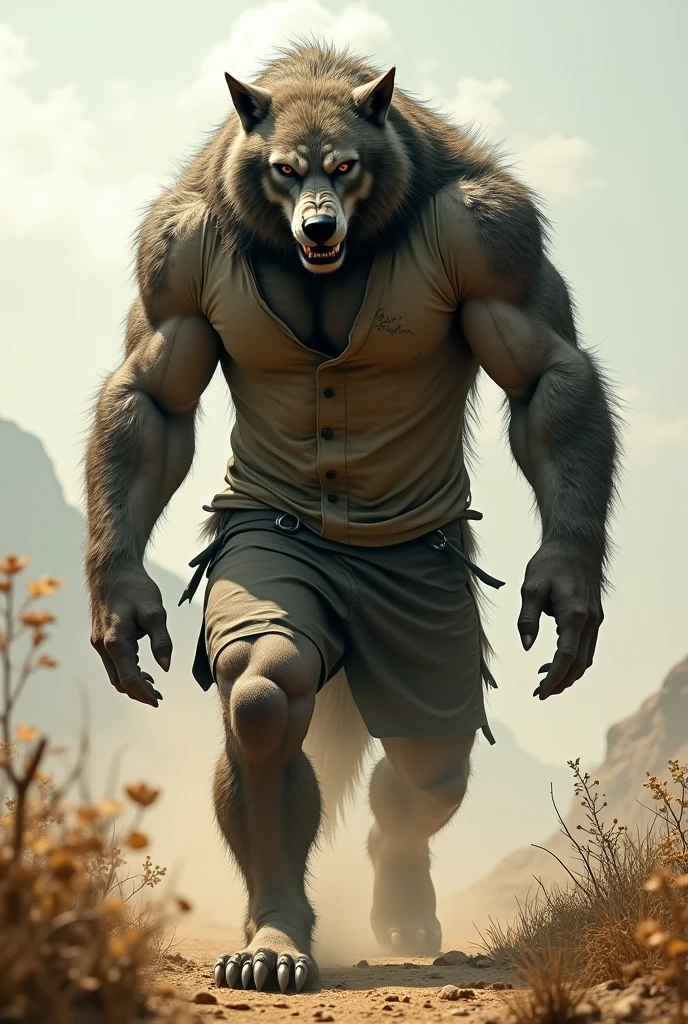 A very strong and imposing werewolf with a strong gaze and muscles wearing a shirt walking on dry grass fat