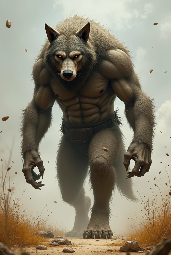 A very strong and imposing werewolf with a strong gaze and muscles wearing a shirt walking on dry grass fat