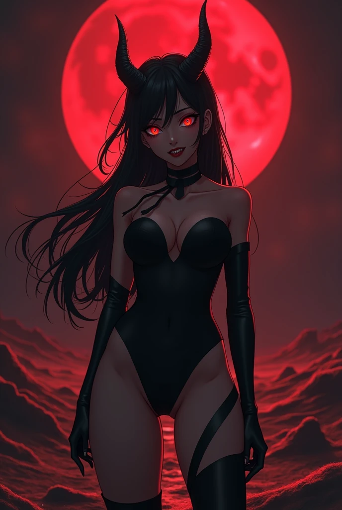 A black outfit like a noble man、、Big Breasts、Anime Style、Long Black Hair、Red eyes、Large devil-like horns from the head、The background is a large red crescent moon、The ground is barren、Jagged teeth、Smiling with teeth bared in a psychopathic way