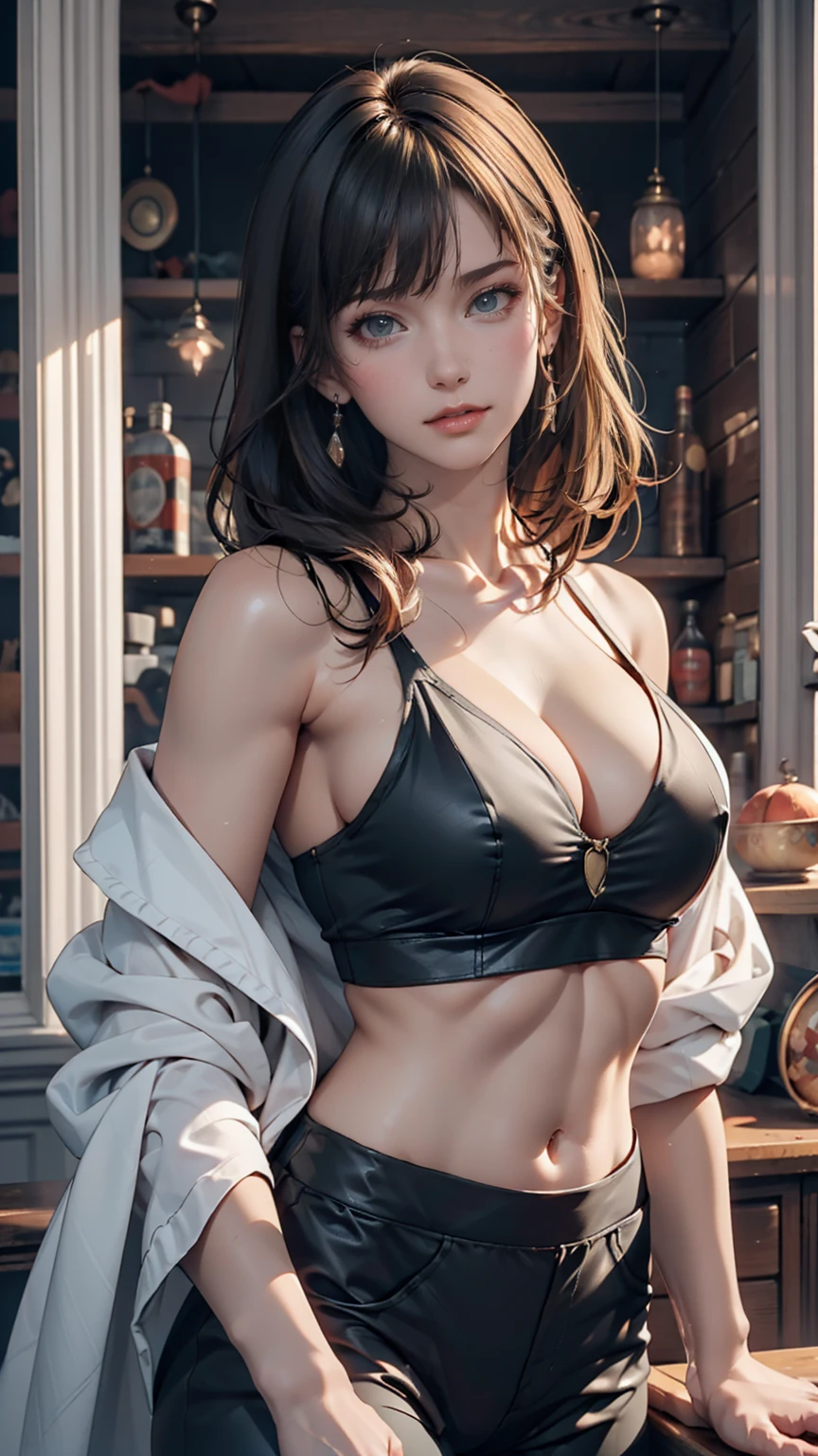 American Contemporary Antique Room, Black Cat Wall Clock, Tinplate trailer, Pixar, Ultra-high resolution, Accurate, Attention to detail, Awards, Highest quality、24-year-old woman、Attractive Young Woman, (Beautiful Face:1.1), Detailed eyes, Seductive lips, (eye make up:1.2), (Medium chest:1.0), Sexy proportions、Narrow waist、One-Shoulder Tops、Navel visible、Lower milk visible、Low rise leggings、Setback Heel  