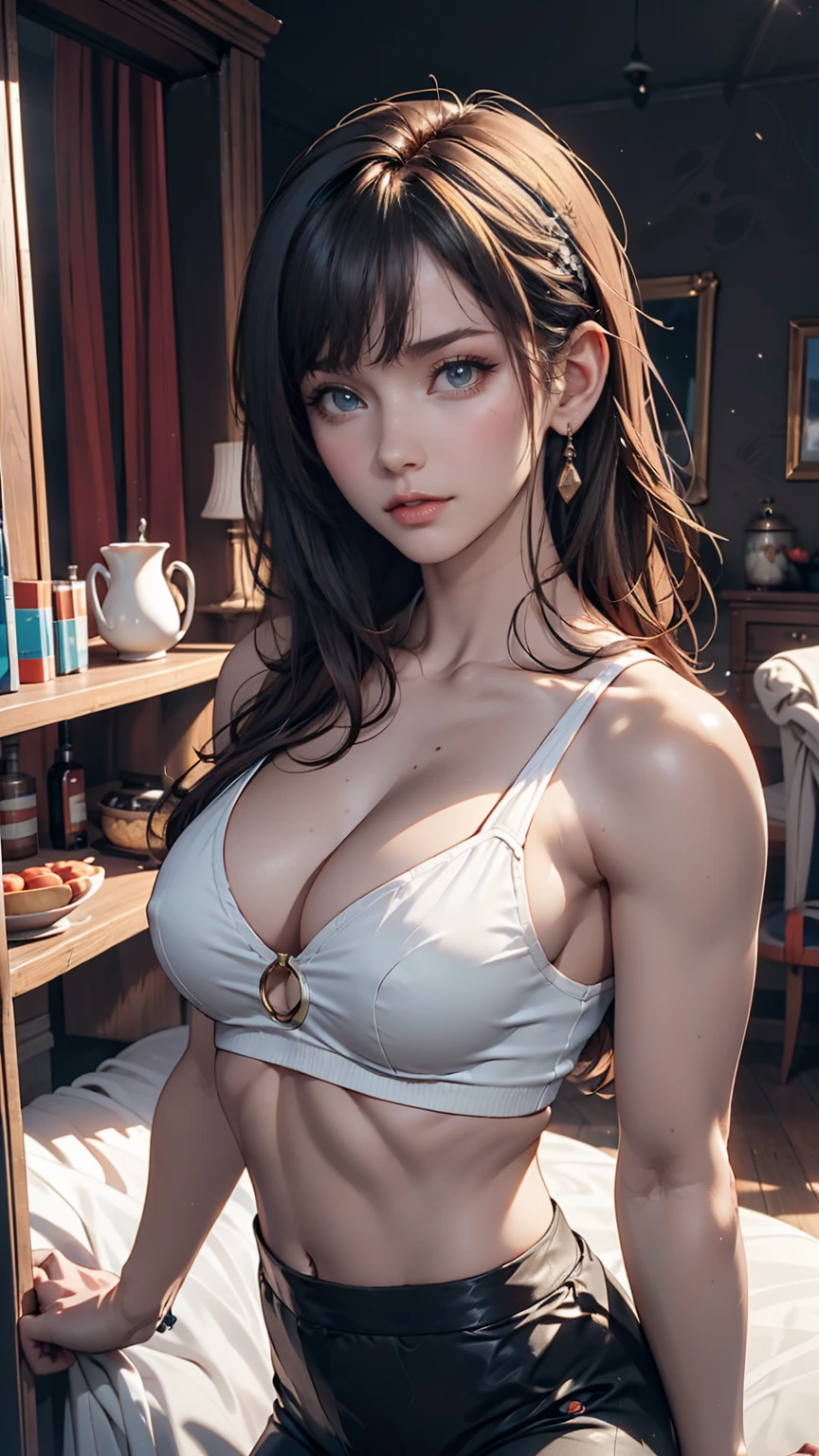 American Contemporary Antique Room, Black Cat Wall Clock, Tinplate trailer, Pixar, Ultra-high resolution, Accurate, Attention to detail, Awards, Highest quality、24-year-old woman、Attractive Young Woman, (Beautiful Face:1.1), Detailed eyes, Seductive lips, (eye make up:1.2), (Medium chest:1.0), Sexy proportions、Narrow waist、One-Shoulder Tops、Navel visible、Lower milk visible、Low rise leggings、Setback Heel