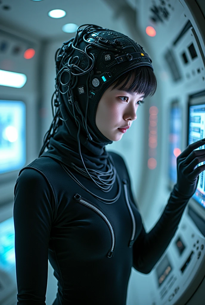 A Chinese girl wearing a black bodysuit and black sock and she studies on a spaceship and,she Connect your brain to the computer through a black hood with many brain connection wires,she started connecting more to her brain 🧠