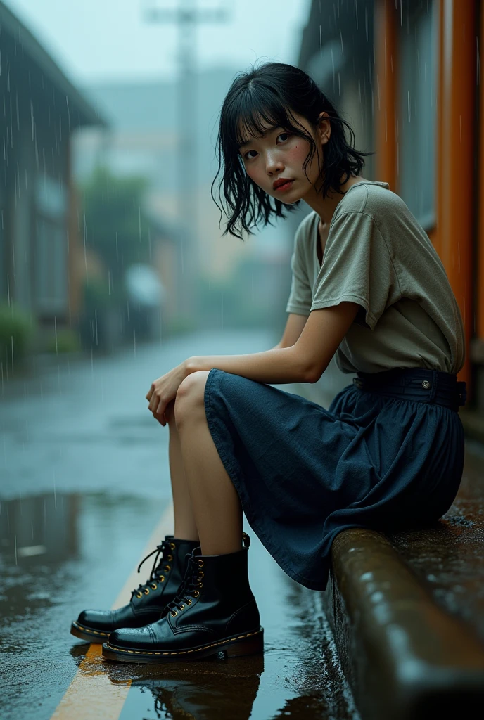 (photorealism:1.2), Japanese woman, 40 years old, a little fat woman, not looking at camera, some spots on the face, not putting on make-up, some gray hair, sitting in the rain, wearing wet dress and skirt and Dr.Martens ancle boots, black long straight, outdoors, soft lighting, relaxed pose, realistic, intricate details, cool colors, some distance from Camera