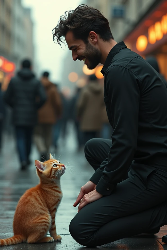 Ek creepy handsome man jisne black shirt and pent pehni h sadak kinare jha aas paas log aa jaa rhe h   creepy handsome boy haste huye ginger kitten ko  dekh rha h or finger dikha rha h or laughing kr rha h 