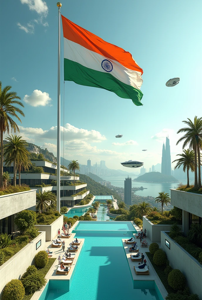 Futuristic resort with big indian flag
