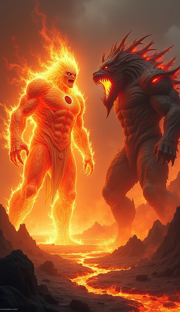 *In the fiery depths of an active volcano, the scene is set for a dramatic battle between two colossal entities. The Guardian of Fire, a towering figure made entirely of dynamic, radiant flames, faces off against the Lava Lord, a monstrous being composed of molten rock and hardened lava. Both figures are of equal size, creating a striking and balanced confrontation.

The Guardian of Fire’s body flickers between vibrant reds, oranges, and yellows, radiating intense heat and power. His eyes burn with a fierce, unyielding light as his fiery aura shimmers in the heated air. Opposing him, the Lava Lord stands as a massive titan with glowing cracks and obsidian spikes, his molten rock body exuding a malevolent red glow. His jagged maw drips with molten lava, and his massive claws leave smoldering craters in his wake.

As they clash, their equal sizes make the battle even more dramatic. The Guardian’s fiery attacks meet the Lava Lord’s molten fury in a spectacular display of elemental might. Lava erupts, flames roar, and the volcanic environment shakes with their powerful blows. The confrontation is a fierce test of strength and elemental power, with each trying to overpower the other in this epic struggle.*