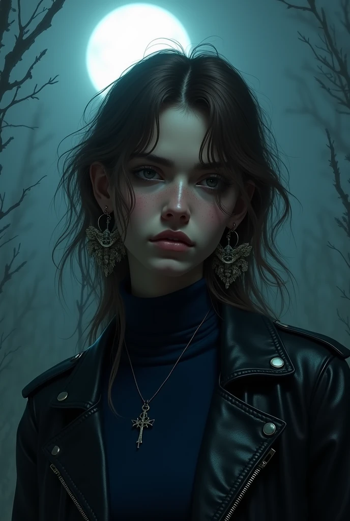 Young Brazilian human with an alternative grunge style, wearing normal clothes, fascinated by Greek mythology and supernatural creatures., deep connection with the dark forces of the night, A horror RPG, mystery and investigation set in modern times, the basic image, occultist, medium-long fringe hair, light brown hair color, very fair skin, at night with the moon, wearing a navy blue long sleeve turtleneck shirt, leather jacket, outgoing, Art cardboard, mysterious, 耳环, Paranormal order Cellbit