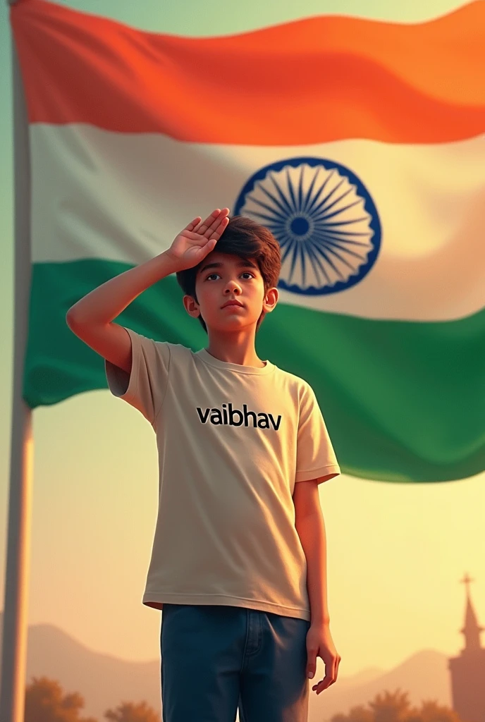 A boy standing in front of Indian flag and saluting and his name written on his t-shirt "vaibhav"