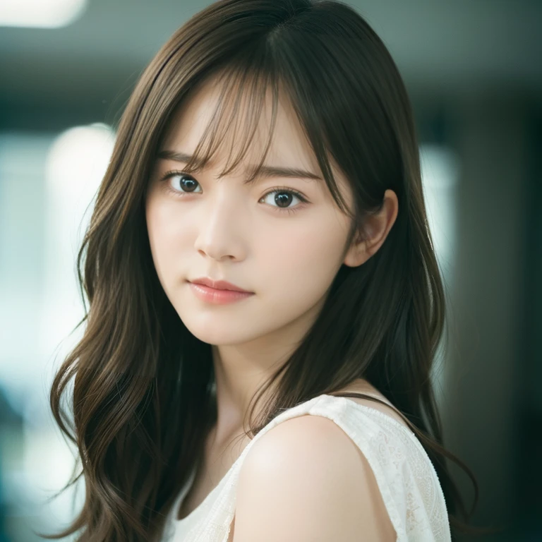 movie, Film Portrait Photography, One person, Shoulder-length wavy hair, Calm, Calm, (Realistic eyes, Natural skin texture, Realistic facial details), Soft and dramatic lighting, Depth of written boundary, Bokeh, Vivid details, In detail, Surreal, 35mm Film, Blurred,Film Grain
