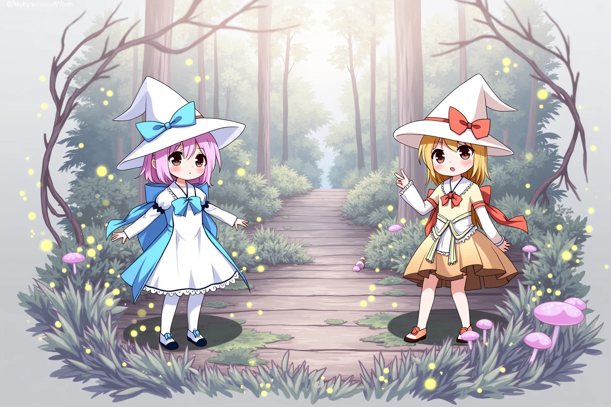 two little witches lost in a forest, beautiful, pretty, anime style