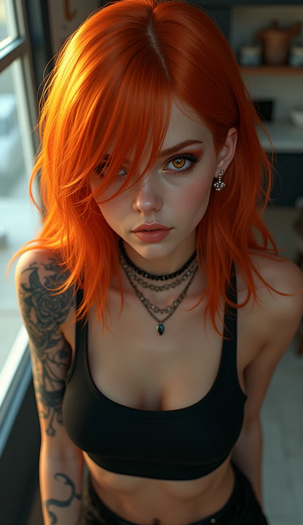 Beautiful eyes, (croptop), (black jeans), (full arm tattoo), illustration, (shop background) ((masterpiece)), (best quality), ((ultra-detailed)), beautiful detailed eyes, (wampire), ((modern landscape)), (original, highres), realism, semi-realism, (overexposure, illustration, ambient light), (beautifully detailed), (ultra-detailed), (light-shadow_symmetry:1.3), smooth, (perfect shading), (perfect rendering), (dynamic angle, natural pose), ((good anatomy)), (smile), demonic aura, (luscious ginger hair), (hair over one eye), (detailed face), ((intricate face)), smile, depth of field, dynamic from above, cinematic lighting, (photorealistic), (sharp-focus)