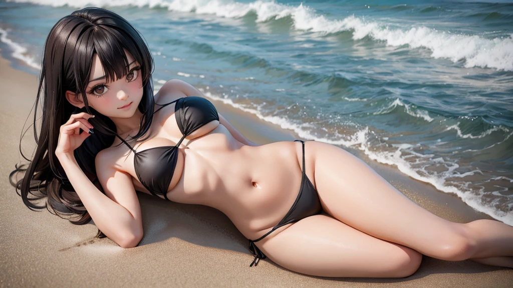 1_girl, solo, 25-years-old korean girl. slender and medium breast. brown eyes. short black hair and bangs in the front. Wearing black bikini, walking on the beach, dusk beach background kneeling, leaning toward the camera, smiling