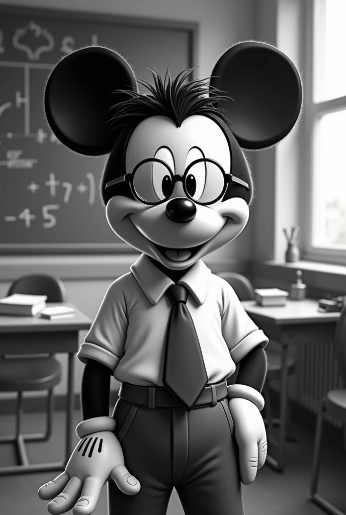 Black and white classic Mickey in the classroom as a math teacher, cartoon style with glasses and messy hair 
