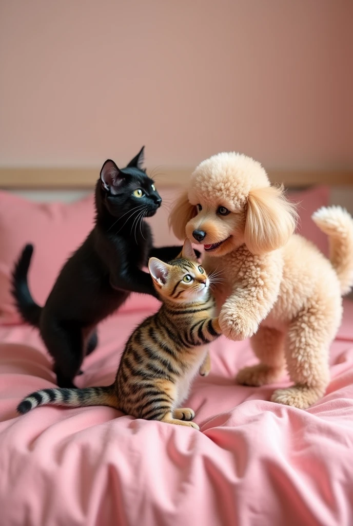a tabby cat playing with a black cat and a beige poodle, in a double bed with pink sheets
