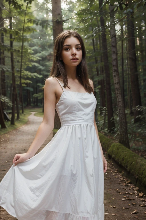 (Best quality, masterpiece:1.2), Girl in a white dress, In the dark forest, night, Fabulous atmosphere