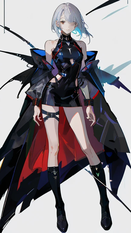 high resolution、High resolution、sharp lines、Girl、Futuristic black sword、Black clothes、Bondage、fine hair、Hiding one eye with hair、Sharp Eye、Jewel-like eyes、White background、Fantastic colors、Near future、Facing forward、Small face、Small breasts、Attractive lips、whole body、Long legs、From head to toe、Beautiful legs、Character portrait、They are equipped with weapons.、Armament、A serious face、Black boots、Character portrait、Sharp lines、Clear line art、Standing with your legs apart、9 heads、もっとwhole bodyを描いて、Fantastic Background、