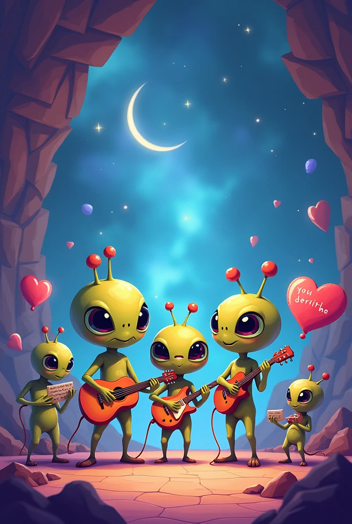 Generate an image where there are three cartoon aliens playing a guitar, and another alien has a heart-shaped letter that says "I love you Cin" and another alien has another sign that says "C Y C"