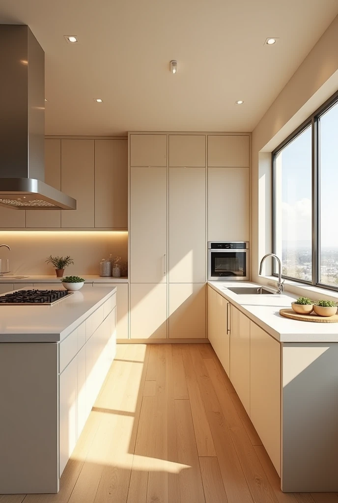 Could you provide me with images of a modern kitchen?, with wooden floor, only two tables in parallel with a countertop different in color to the furniture, light-colored melamine furniture with a transparent door between the side area of one side of the tables.