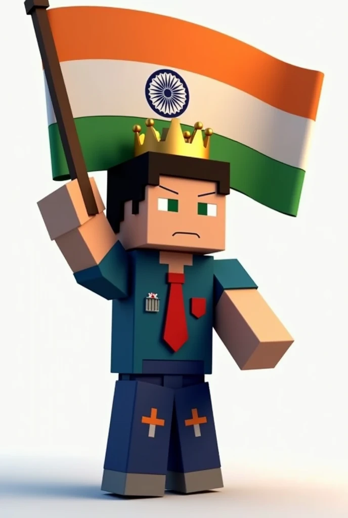 A Minecraft boy waving Indian flag with respect wearing dark blue shirt and tie with dark blue pants all clothess have red patches with  white t shirt and crown 