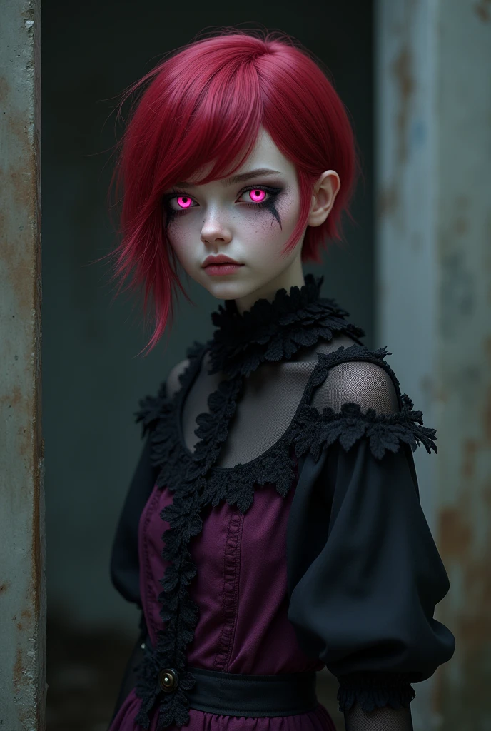 19-year-old girl with pale white skin, bright blood red short hair, With Nordic features
, pink eyes, cold and indifferent And boring, look, wearing a purple gothic short dress